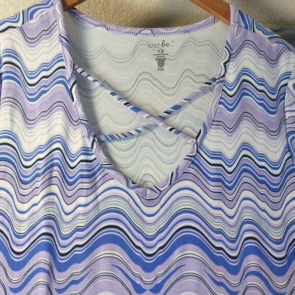 Just Be Womens Plus Size 1X Wave Print Crisscross Neck Short Sleeve Dress Purple - Picture 3 of 7